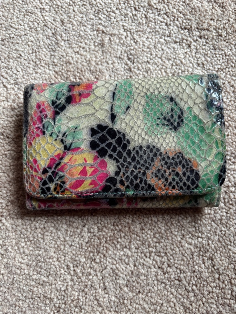 HOBO Floral Snake-Embossed Card Holder in Mint, Pink, Yellow & Black